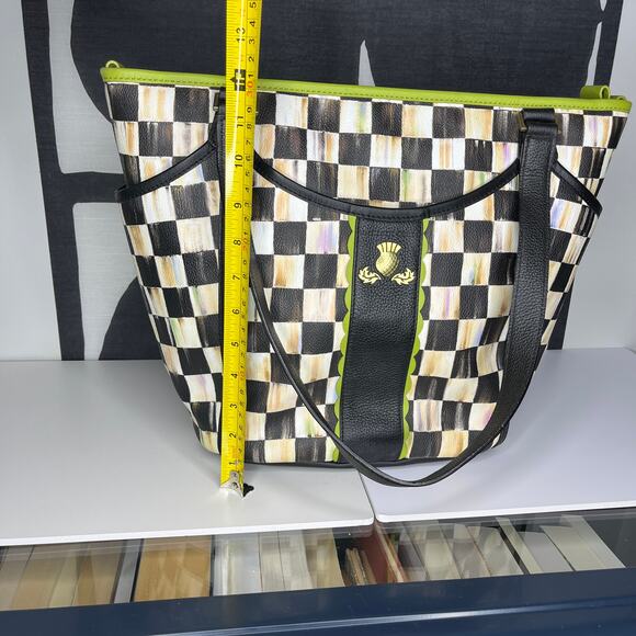 MacKenzie Childs Courtly Check Chartreuse Black Leather Diaper Bag Tote - Picture 4 of 9